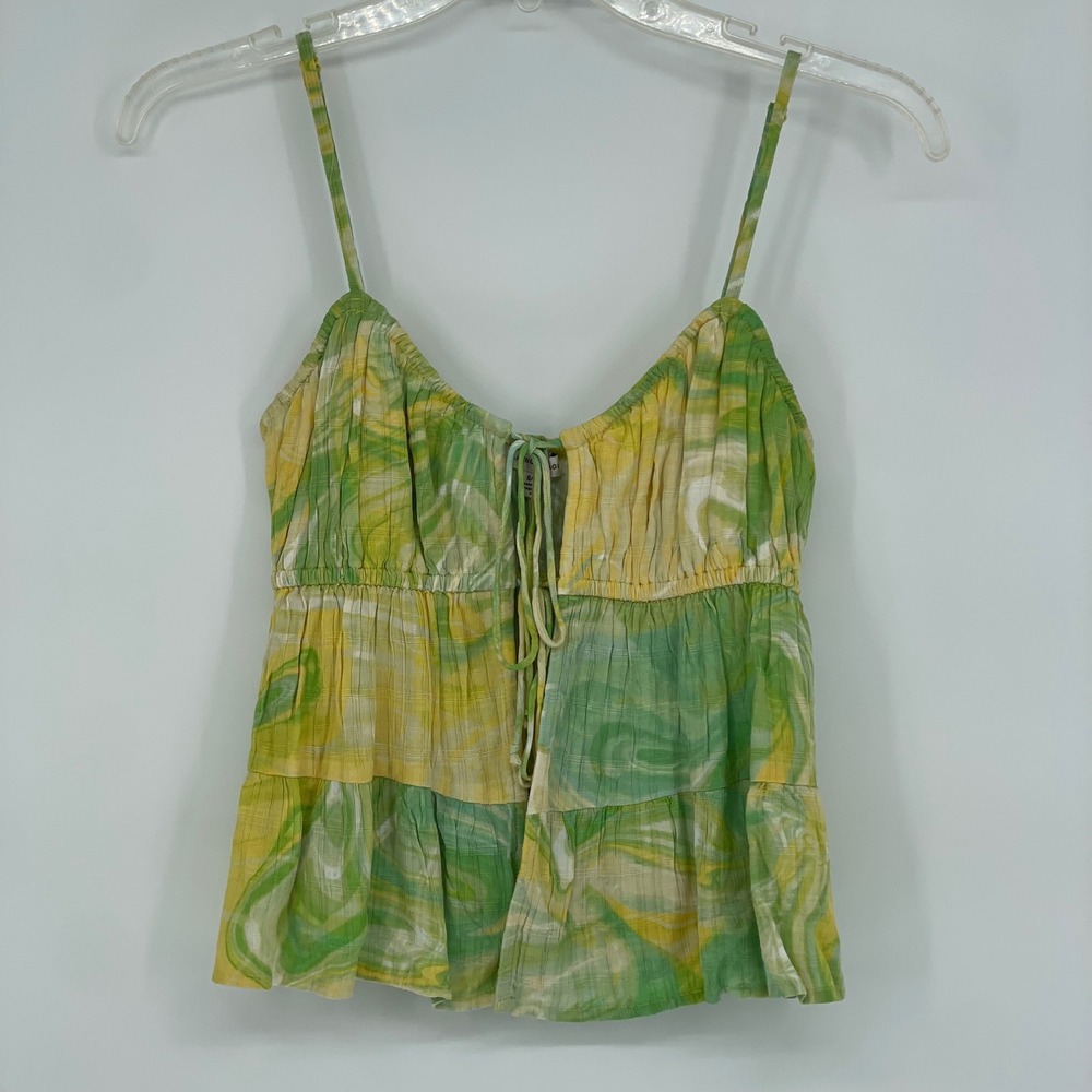 American Eagle Tie Front Tiered Cami Top Green Yellow Swirl Print S
